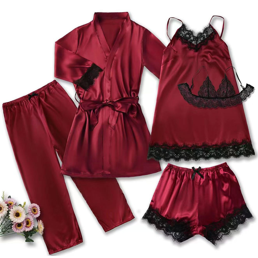 Thumbnail: Women's Satin Sleepwear Pajama Set Pink Sexy Lingerie Bath Robe Lace Patchwork S