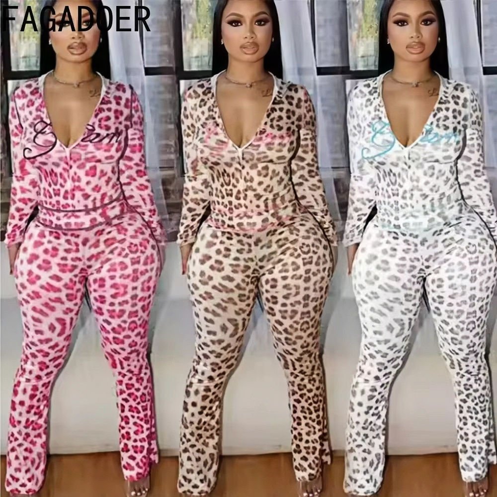 FAGADOER Sexy Leopard Print 2 Piece Sets Women Outfit Long Sleeve Zipper Hooded