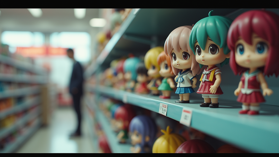 Eye-level view of anime figurines displayed on a store shelf