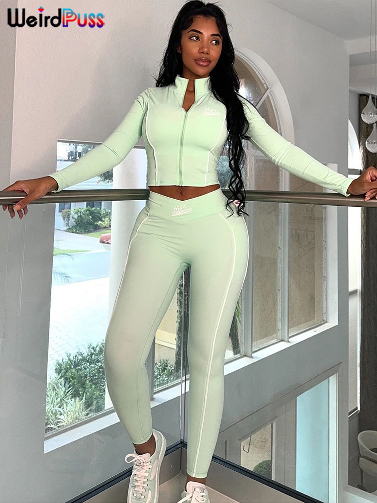 Thumbnail: Weird Puss Casual 2 Piece Set Tracksuit Elastic Patchwork Stripe Tight Zip Crop 