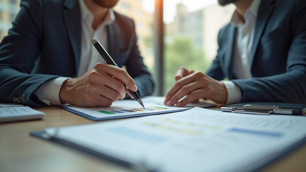Eye-level view of a business consultant explaining tax documents to a client