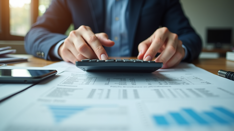 Eye-level view of a person reviewing financial documents with a calculator
