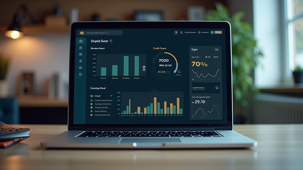 Eye-level view of a laptop displaying credit score dashboard