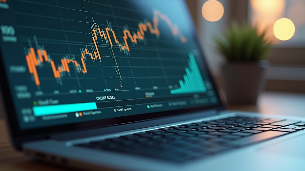 Eye-level view of a laptop displaying credit score analytics