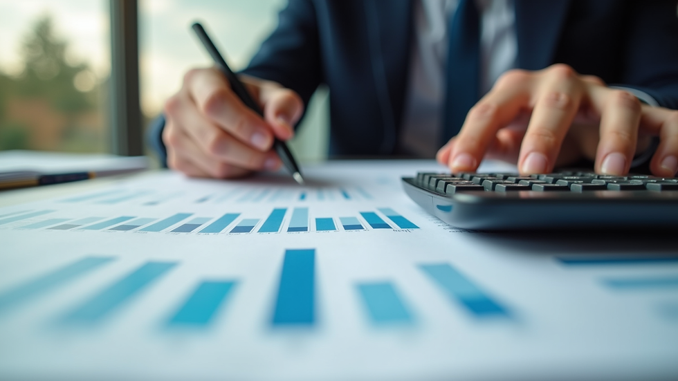 Eye-level view of a person reviewing financial documents with a calculator