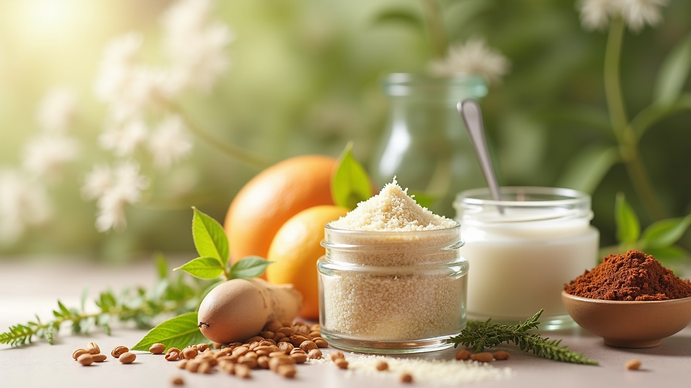 Close-up view of natural skincare ingredients in glass jars