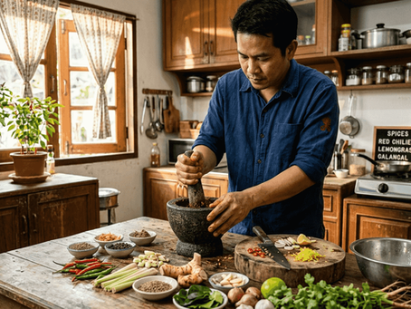 Chef preparing Thai curry paste in bright kitchen