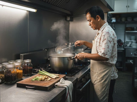 Chef ladling Thai soup base in kitchen