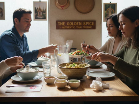 Family sharing meal in Thai restaurant