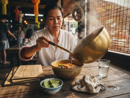 Thai chef serving soup at rustic table