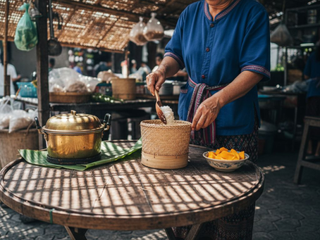 Thai chef serving sticky rice outdoors
