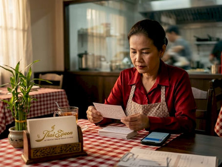 Thai restaurant owner reading reviews at table