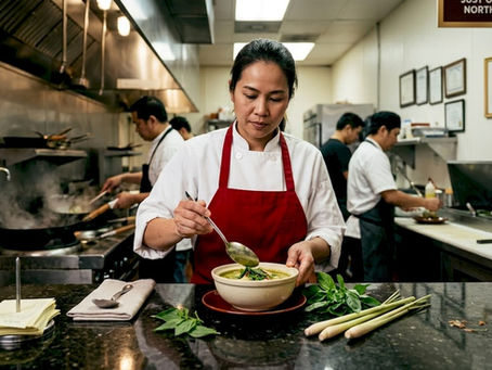 Chef serving Thai curry at busy Las Vegas restaurant