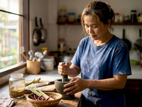 Home cook grinding Thai spices in kitchen