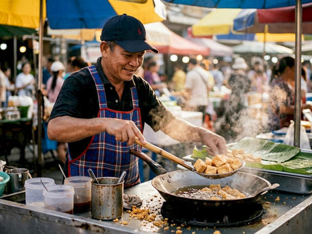 Thai vendor frying tofu at outdoor market
