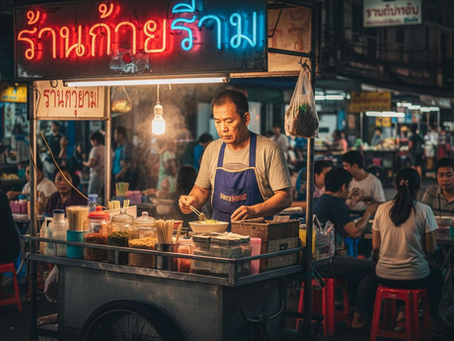 Thai street noodle vendor serving at night