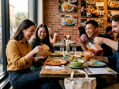 Friends celebrating with gift card at Thai restaurant