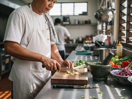 Thai chef preparing fresh ingredients in kitchen