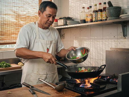 Chef cooking with wok in Thai kitchen