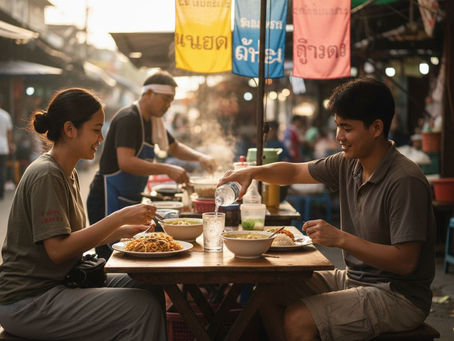 Busy Thai street food market scene