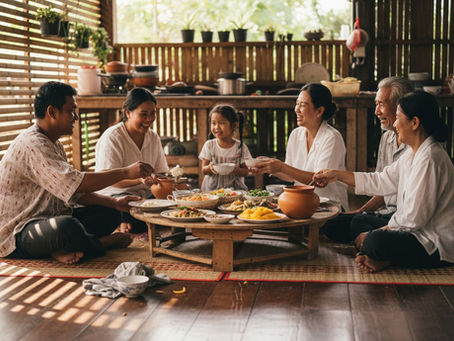 Thai family sharing traditional meal together