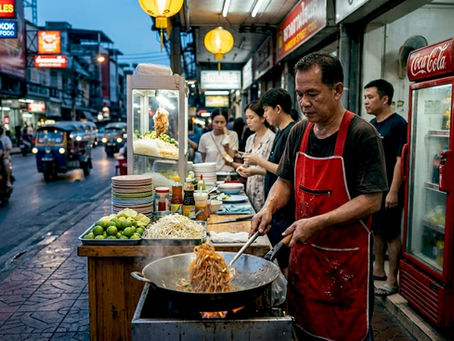 Bangkok street food vendor cooking at dusk