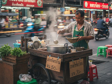 Thai vendor preparing noodles street side