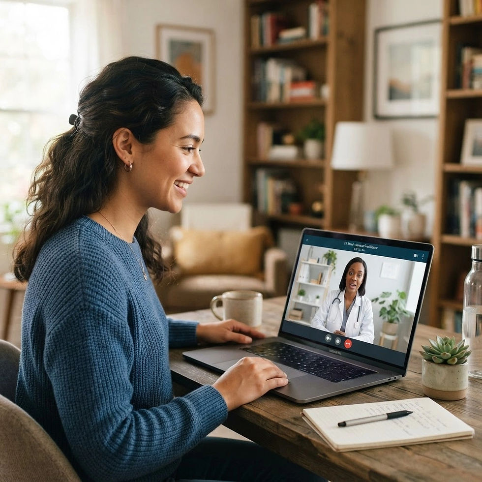 A telehealth visit: a woman on a laptop talking with a provider. It shows that you see pat