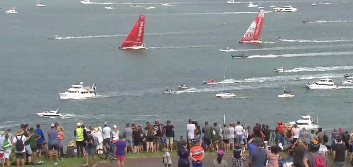 VOR: MAPFRE leads the fleet out of Auckland's Waitemata Harbour with Dongfeng close behind