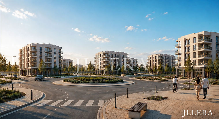 Entorno residencial de Guadiana Living en Badajoz con viviendas plurifamiliares y ubicación estratégica junto al río Guadiana