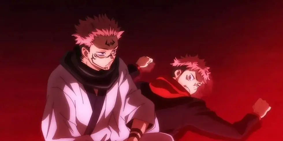 Sukuna sitting on Itadori's back