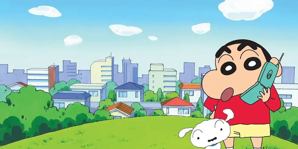 Shinchan talking on the phone with Shiro sitting beside him