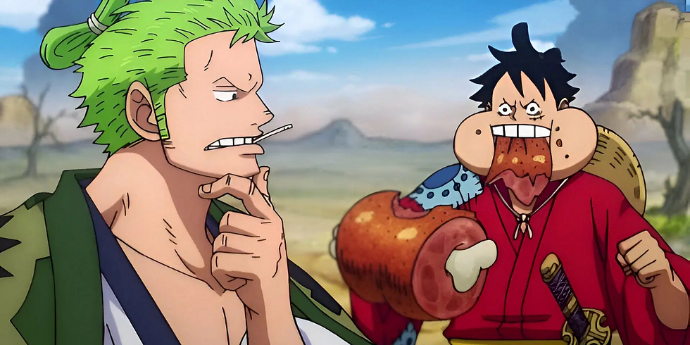 Luffy is eating while Zoro stands beside him