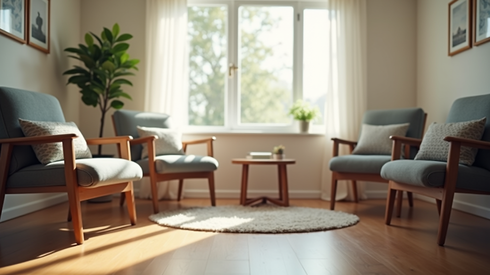Eye-level view of a serene counseling room with comfortable seating