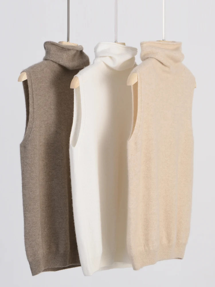 Women 100% Merino Wool Sleeveless Pullovers Turtleneck Sweater Waistcoat Wool