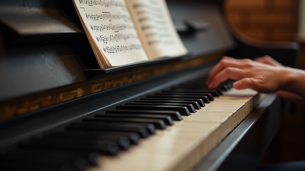 eye-level view of piano keyboard with sheet music