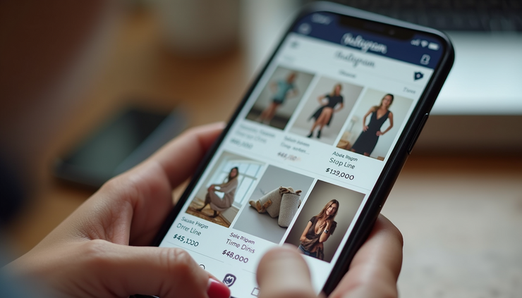 Eye-level view of a smartphone displaying an Instagram Shop with product listings