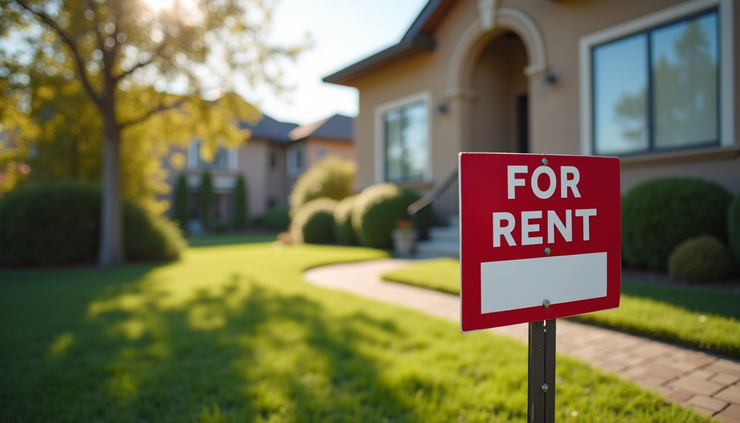 Eye-level view of a cozy home rental property with a "For Rent" sign