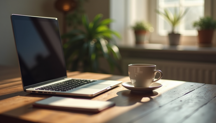 Eye-level view of a small home office setup with a laptop, notebook, and coffee cup