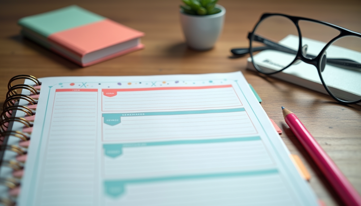 Eye-level view of a colorful printable planner laid out on a wooden table