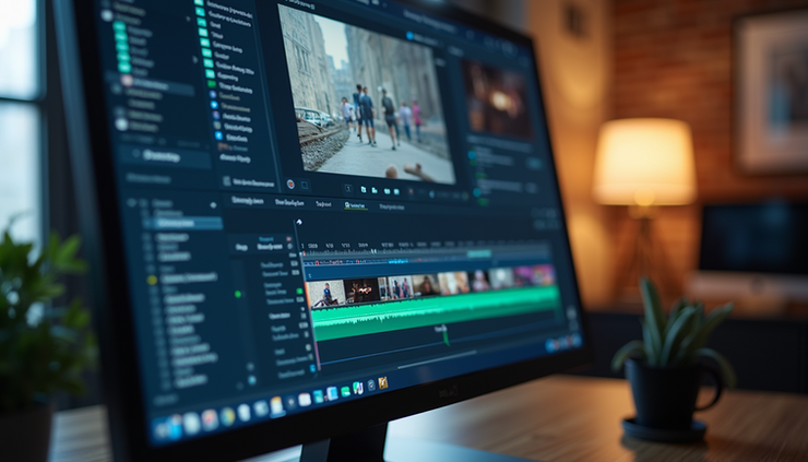 Eye-level view of a modern workspace with a computer screen showing video editing software