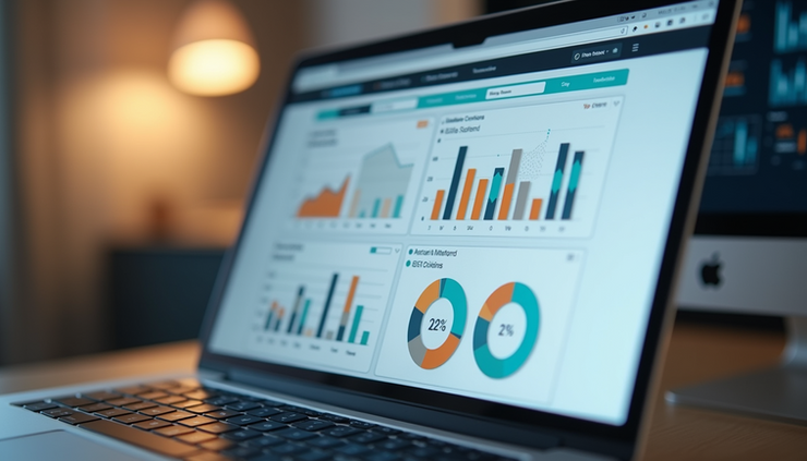 Eye-level view of a laptop screen showing a diversified investment portfolio dashboard
