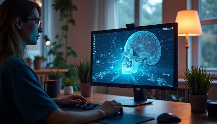 Eye-level view of a digital artist’s workspace with AI-generated art on a high-resolution screen