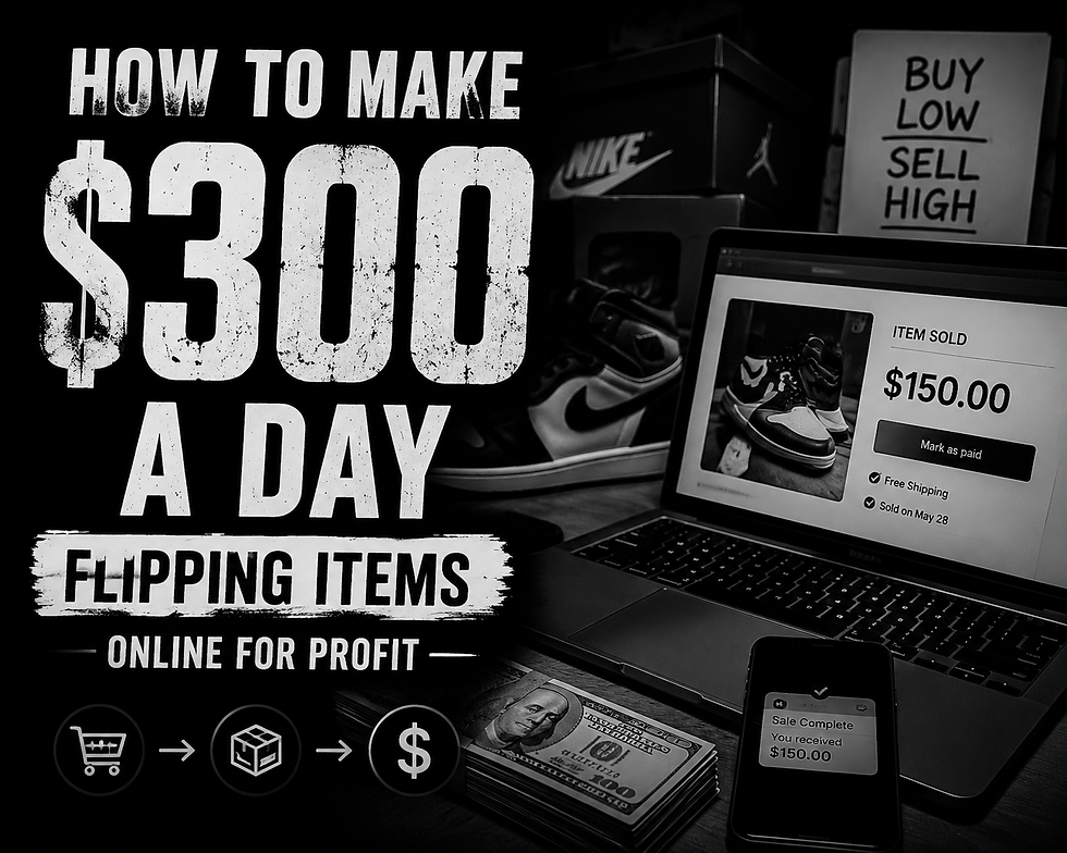 Black-and-white promo graphic of sneaker reselling: laptop shows item sold $150, cash, phone sale complete, with BUY LOW SELL HIGH and How to make $300 a day