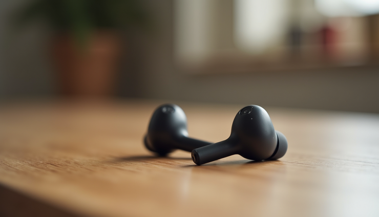 Eye-level view of a sleek wireless earbud set displayed on a minimalist wooden table