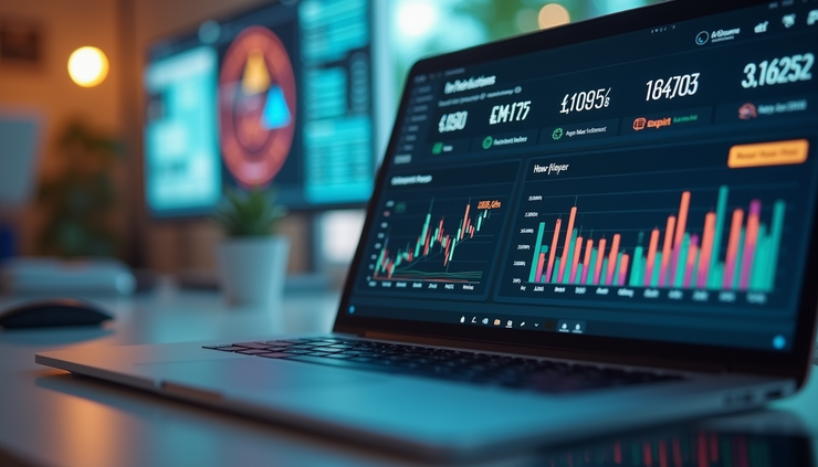 Eye-level view of a laptop screen showing a digital marketplace dashboard