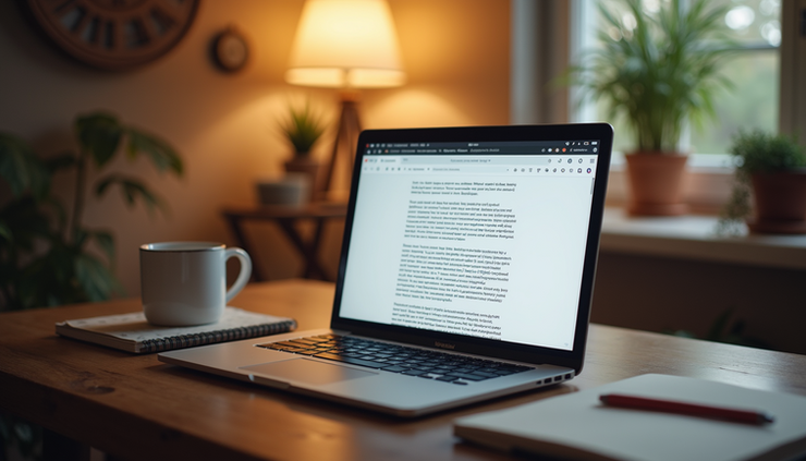 Eye-level view of a laptop on a wooden desk with a blog post draft on the screen