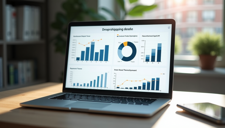 Eye-level view of a laptop screen displaying product research data and charts