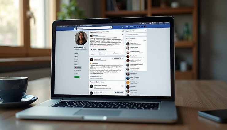 Eye-level view of a laptop screen showing a Facebook Group page with active discussions
