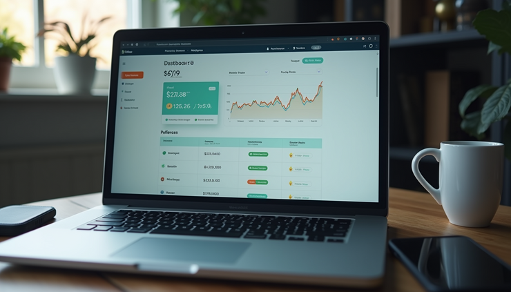 Eye-level view of a laptop screen showing a crypto referral dashboard with earnings and referral stats